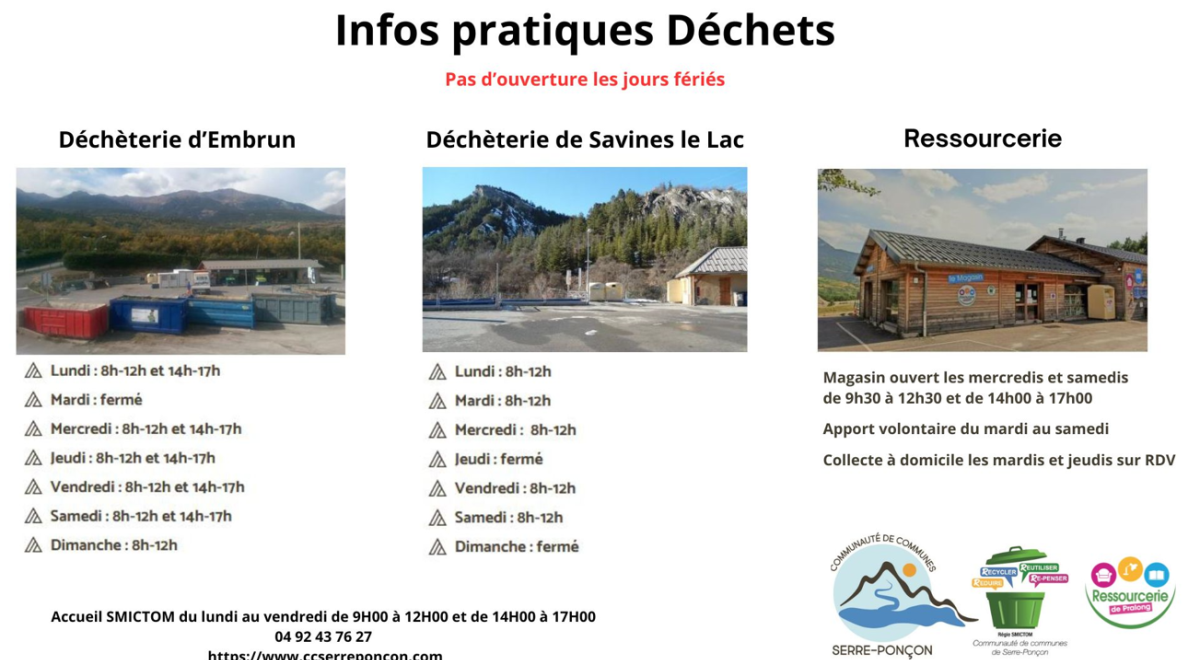 Horaires des déchèteries et de la ressourcerie Horaires des déchèteries et de la ressourcerie