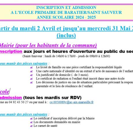 Inscriptions et Admissions à l'école - rentrée scolaire 2024 2025